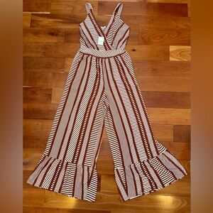 NWT Cato Brown and White Wide Leg Stretchy Striped Jumpsuit